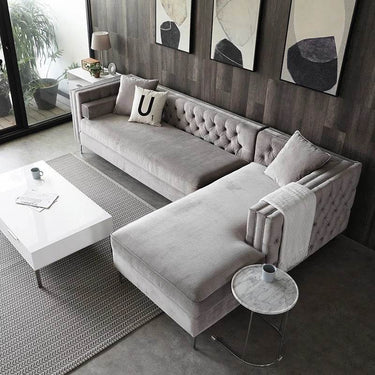 Luxurious Grey Velvet Chesterfield Corner Settee Sofa with Storage & Chrome Legs - UK Luxury Furniture
